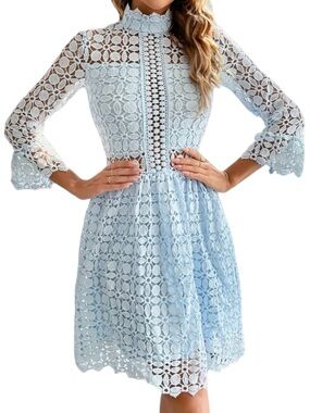 Eilly Bazar Light Blue Crochet Lace Dress Size XL Long Sleeve